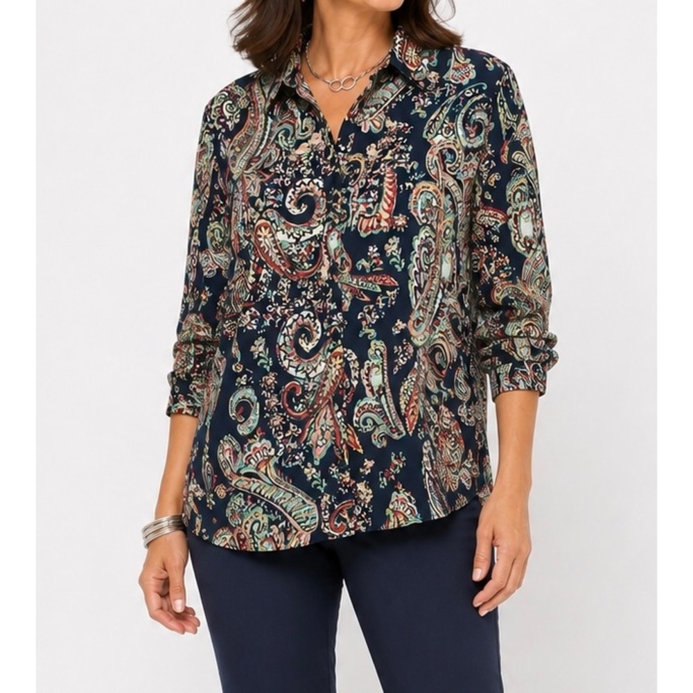 Chico's No-Iron Cotton Paisley Button Down Shirt Navy Blue Size 2 L Large